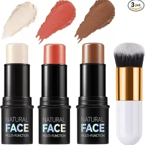 3 Pack Contour Highlighter Blush Sticks with Brush, Cream Bronzer Contour Stick Kit